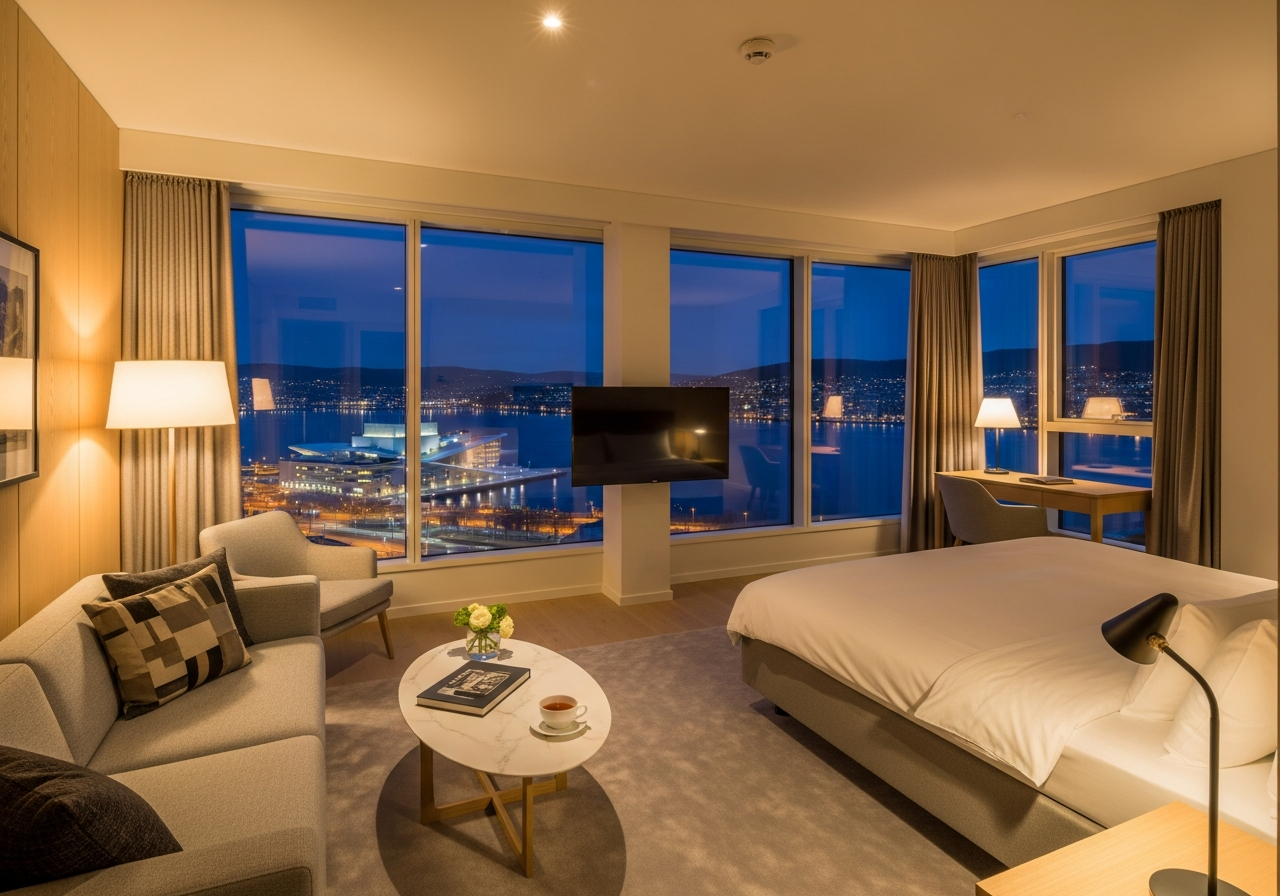 Luxury hotel room suite in Oslo with view of the fjord, night time, cozy warm lighting, modern scandinavian design, high detail 4k