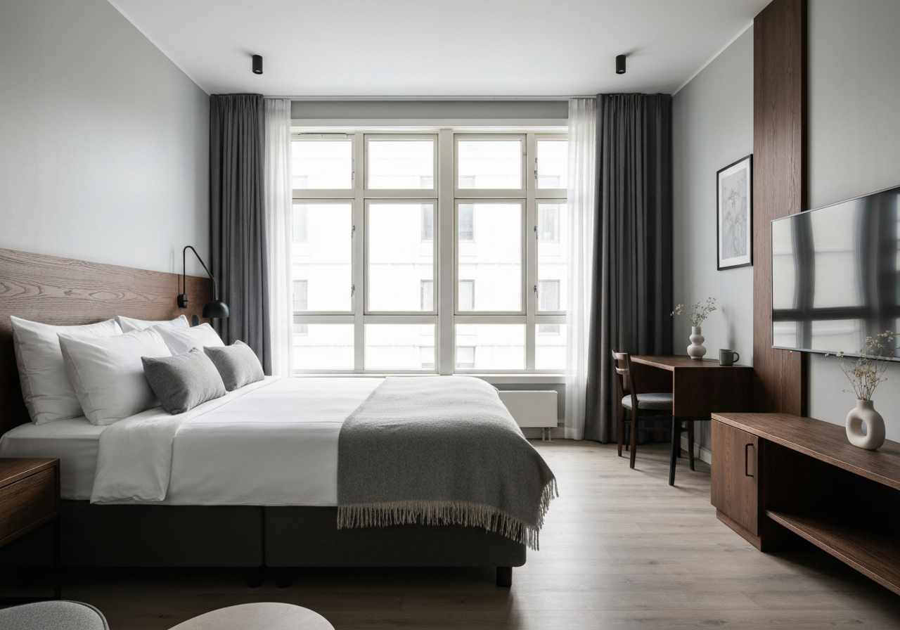 Modern hotel room interior, scandinavian style, dark wood accents, comfortable bed, soft grey tones