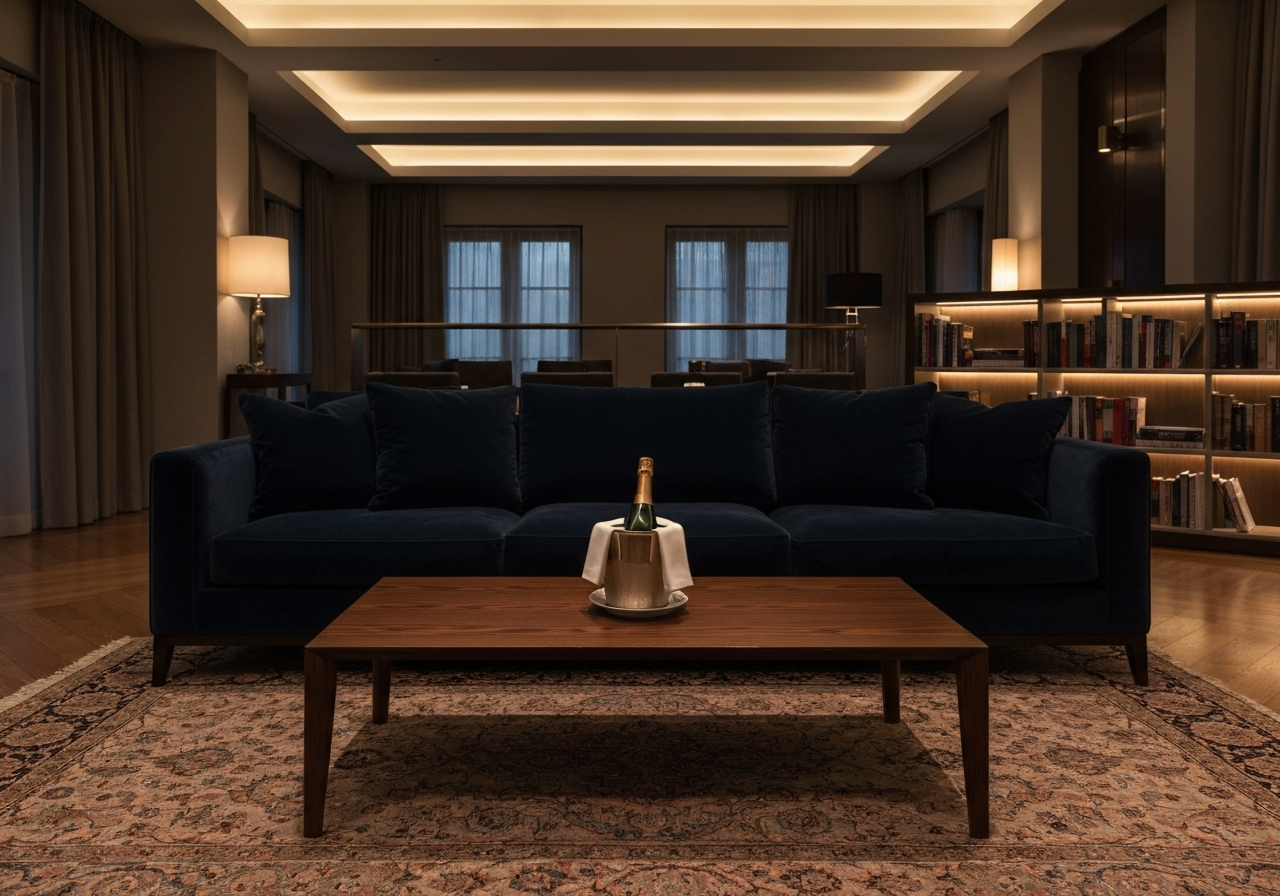Spacious hotel suite living area, velvet sofa, expensive rug, champagne bucket on table, dark moody luxury atmosphere