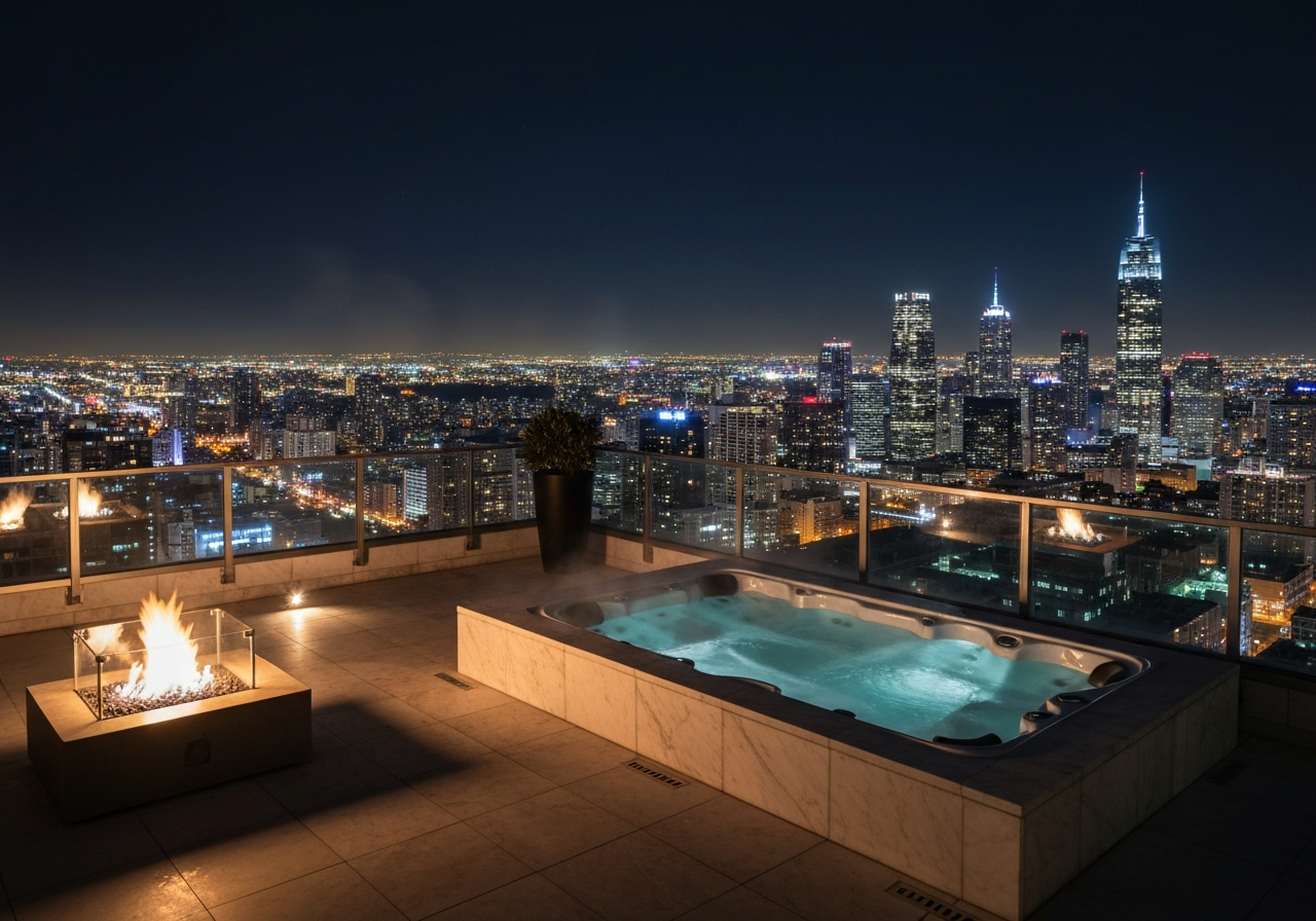 Ultra luxury penthouse hotel terrace at night, private jacuzzi, fire pit, overlooking city skyline, cinematic lighting